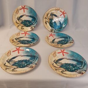 Pier 1 Imports Crab Crabby Melamine 9” Salad Luncheon Plates Set Of 6